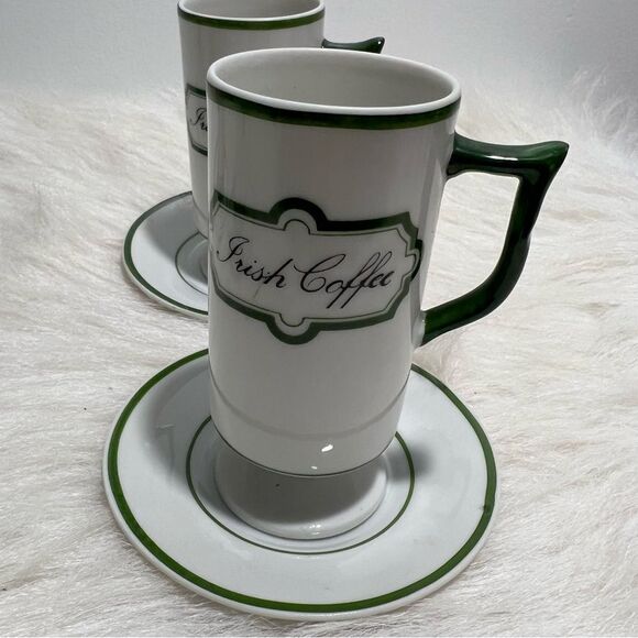 Vintage Knobler Japan White & Green Irish Coffee Mug/Saucer -- Set of 4 - Picture 5 of 9